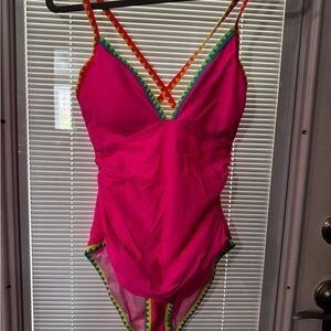 Bright Pink Women’s One-Piece Swimsuit with Multicolor Tri